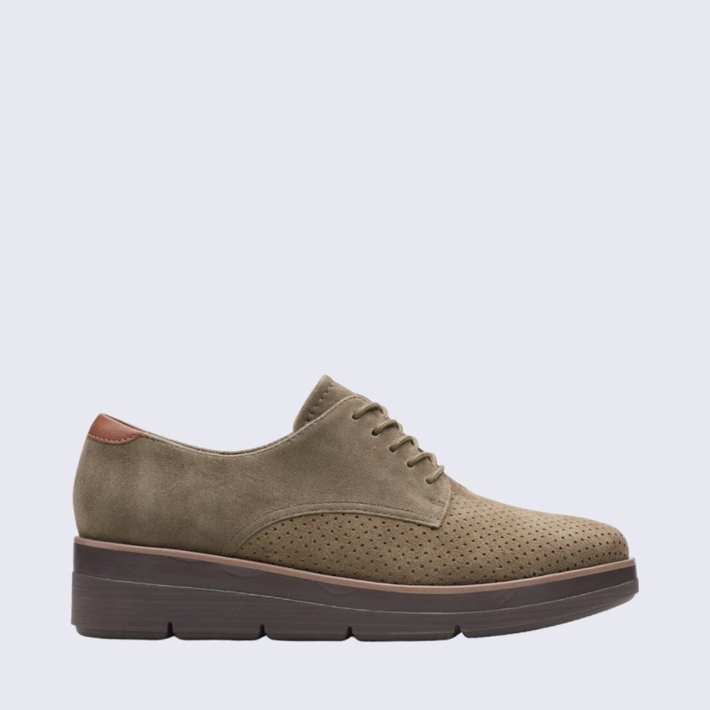 Women's Clarks Shaylin Lace Oxford in Dark Olive Suede. 261 62524